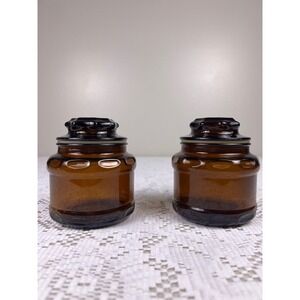 VTG Cremora 1970's Dark Amber Brown Glass Apothecary Jar Starburst Lid Set of 2